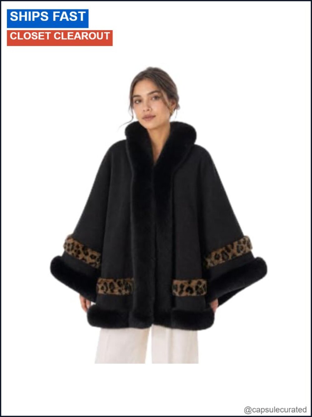 Women's Faux Fur Cape Shawl with Leopard Trim Winter Evening Wrap